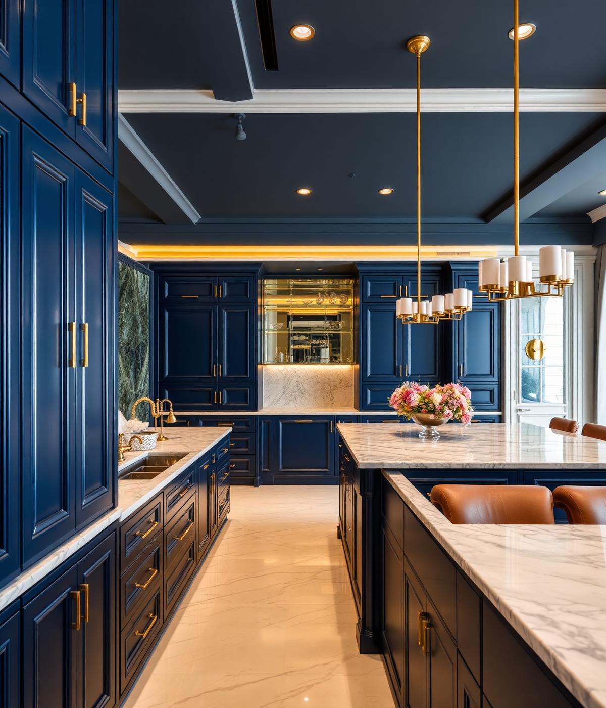 Vedic Interior Construction showroom showcasing premium navy cabinetry and gold accents