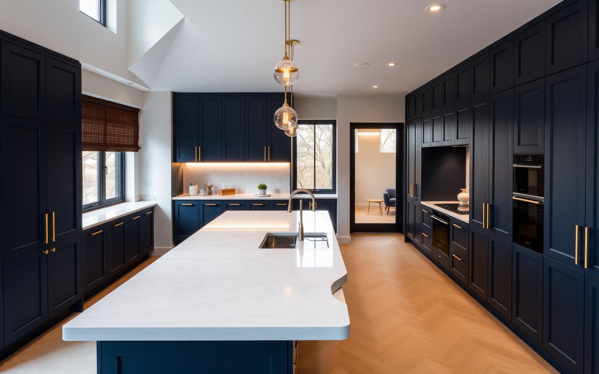 Premium modular kitchen with navy cabinetry and marble island